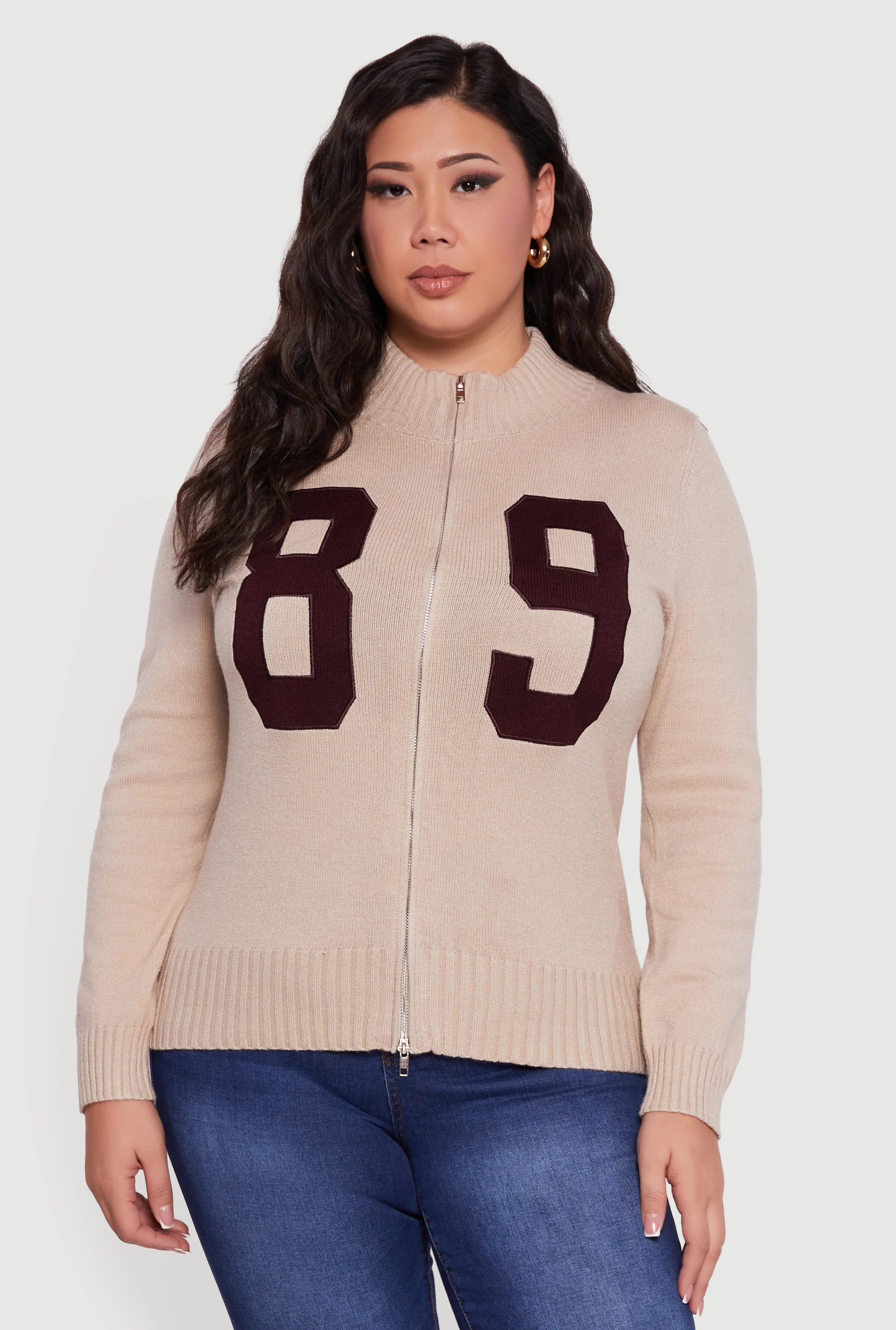 Plus Size 89 Zip Front Mock Neck Sweater