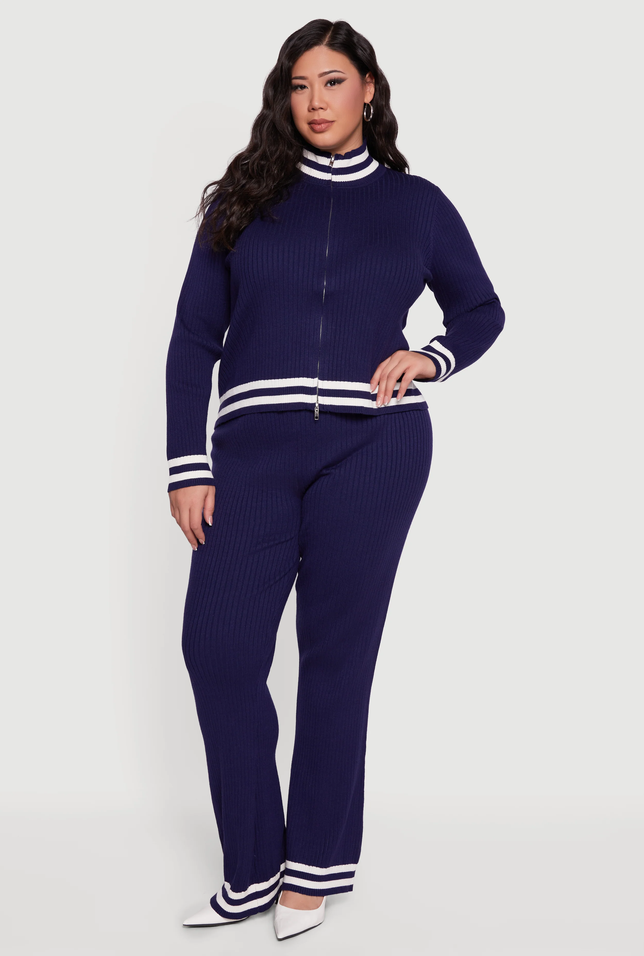 Plus Size Rib Knit Varsity Stripe Zip Front Sweater