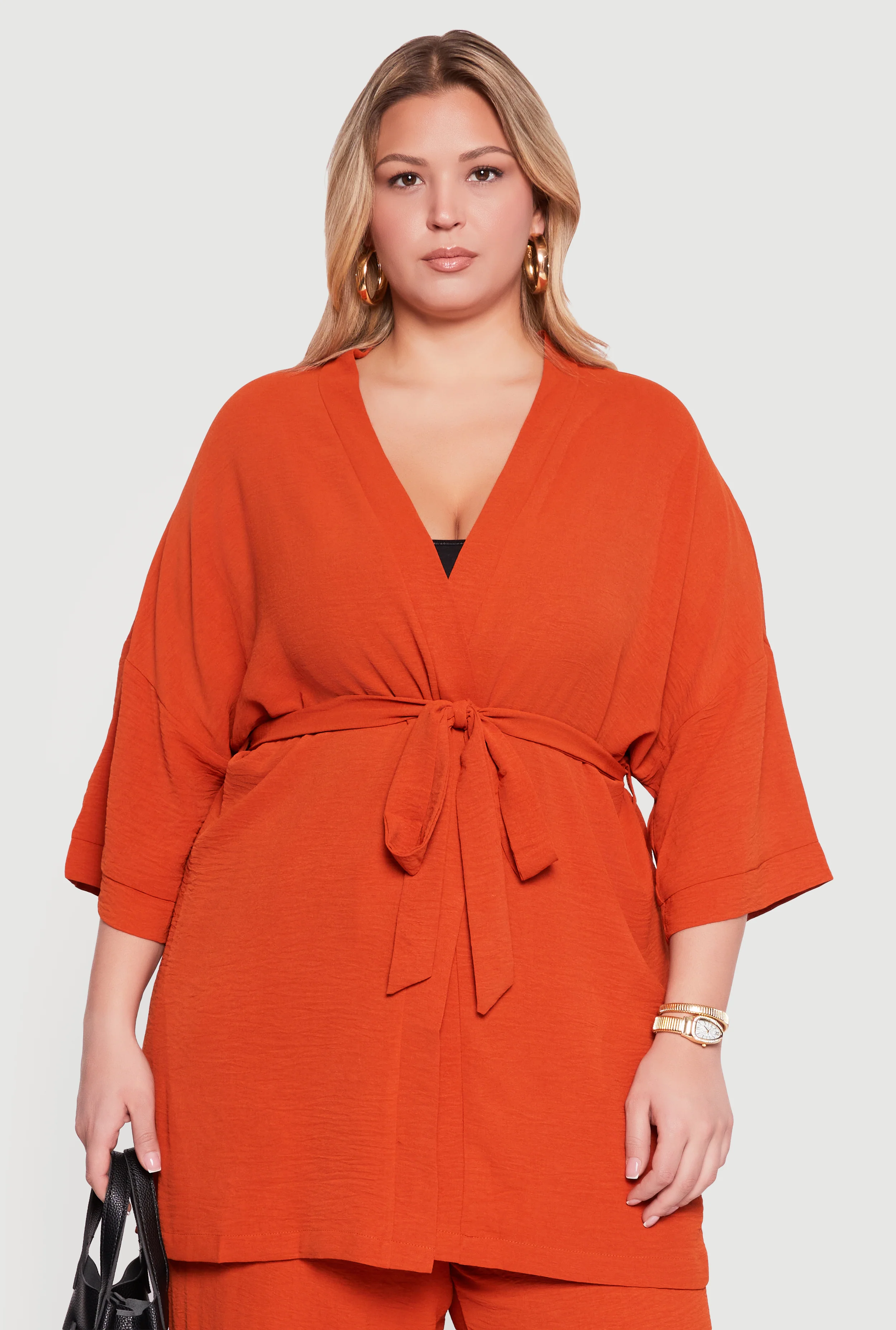 Plus Size Crepe Knit Kimono with Tie Waist Belt