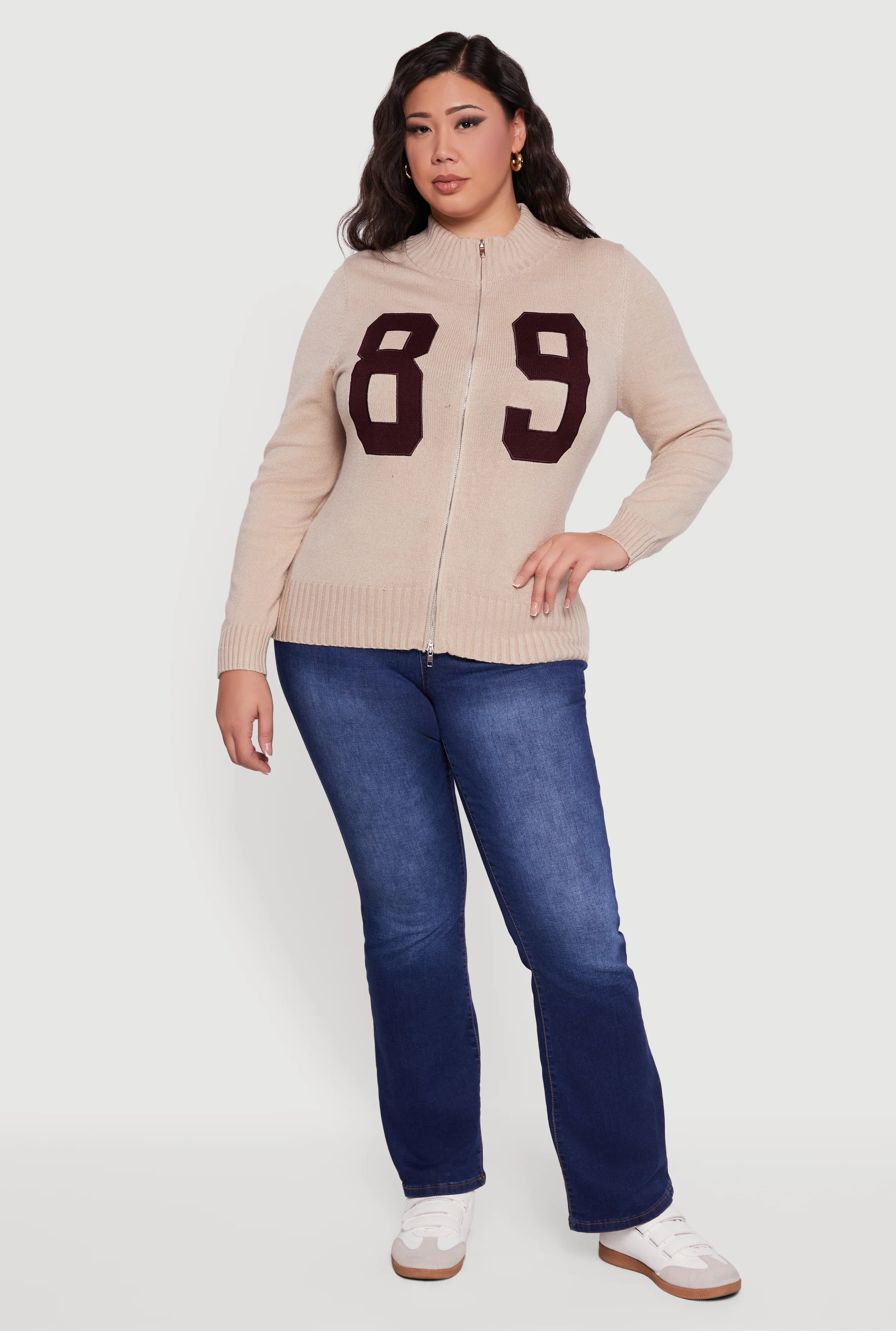 Plus Size 89 Zip Front Mock Neck Sweater
